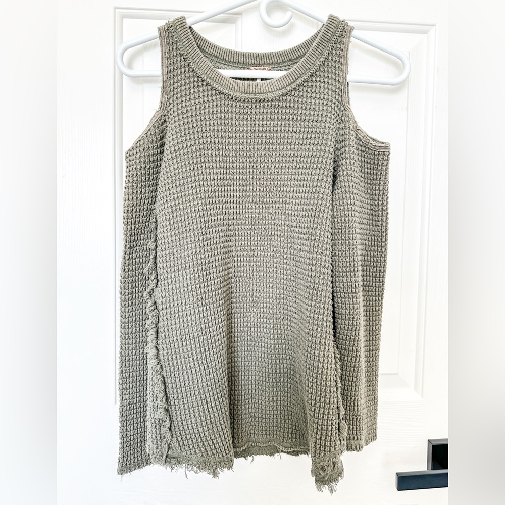 FREE PEOPLE Sunrise Sunset Cold Shoulder Waffle Knit Sweater Olive Green…
